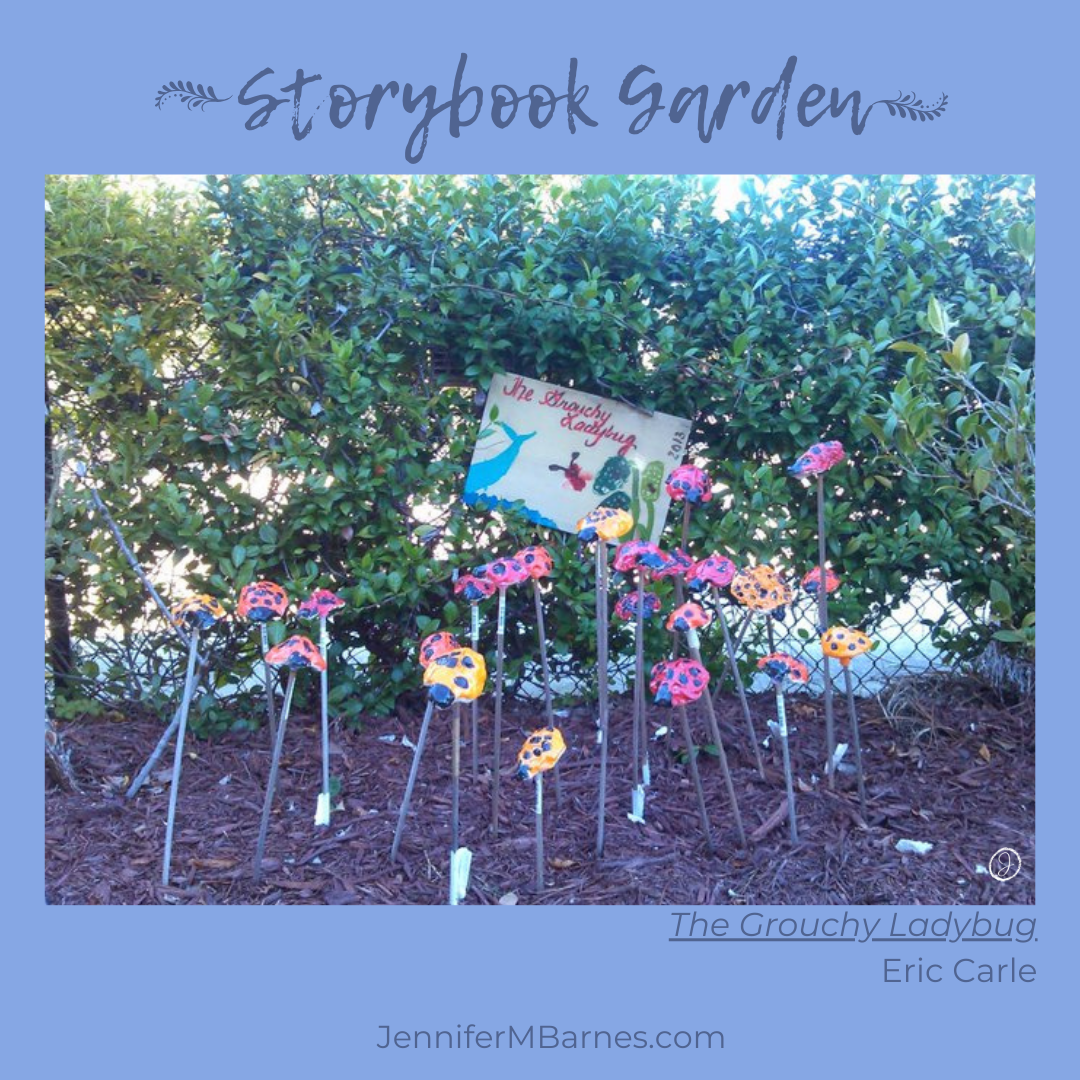 Storybook Garden scene showing ladybug clay figures atop dowels