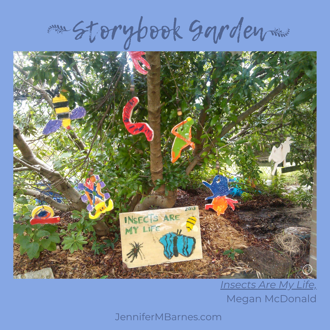 Storybook garden scene of clay insects created by children with book, Insects are my Life, by Megan McDonald