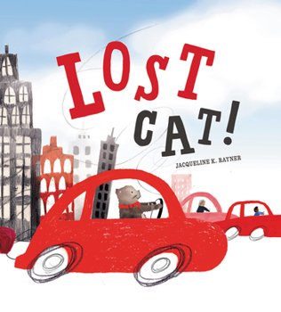 Cover image of Lost Cat! A gray cat in a red car with a blue sky background
