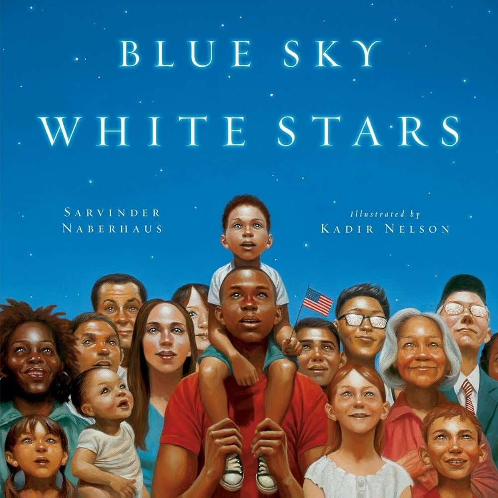 Blue Sky White Stars, Cover image of a group of people standing beneath a starry night sky, 