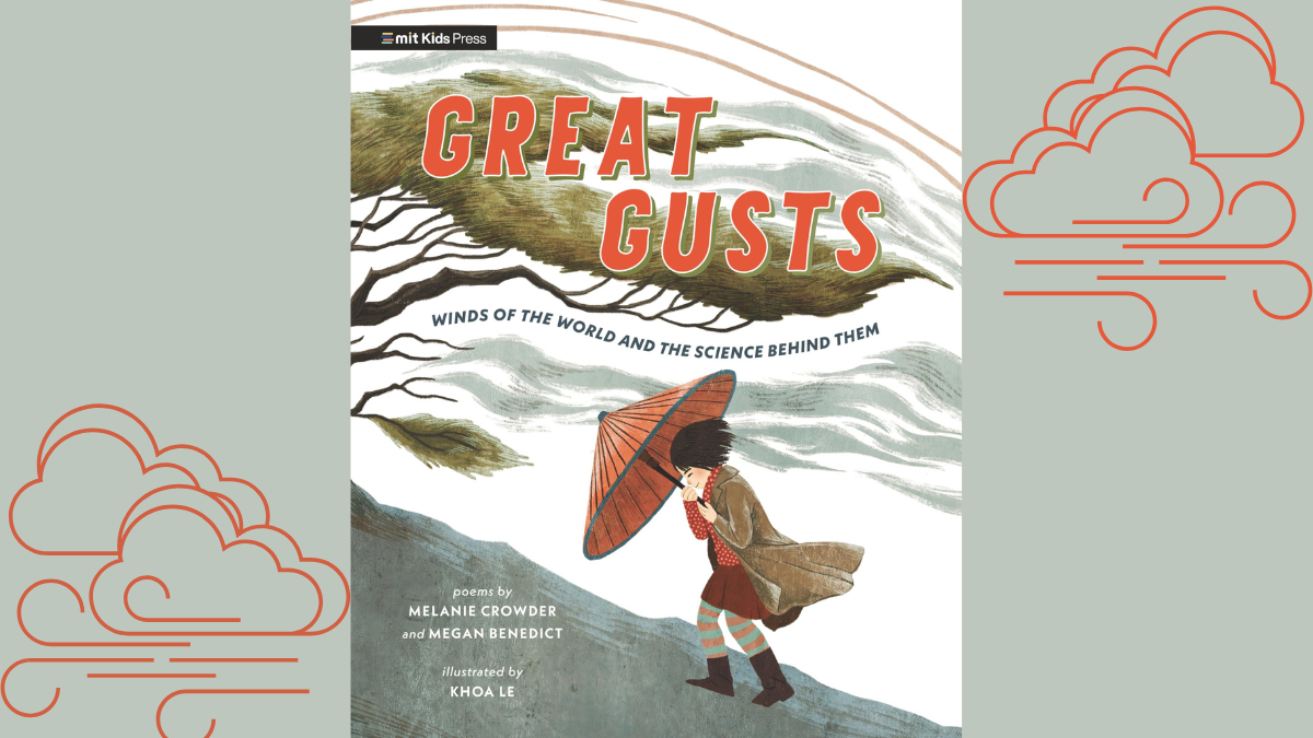 Cover image of Great Gusts: A girl walking up a mountain with an umbrella on a windy day
