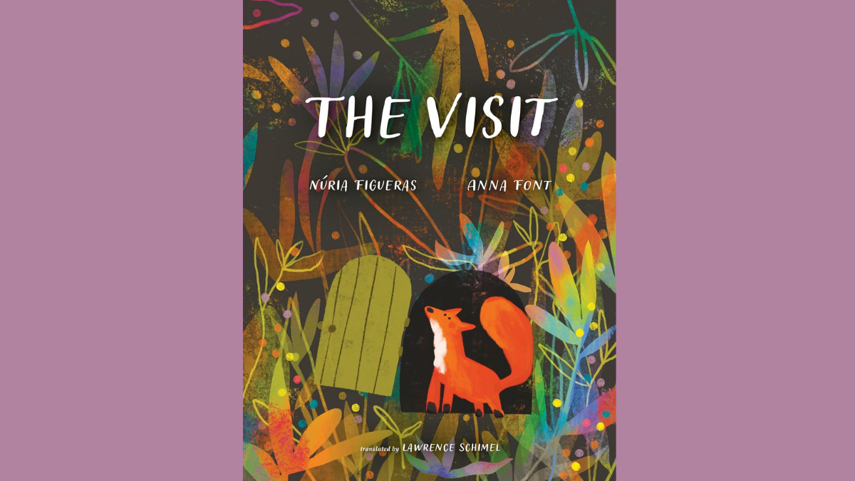 Book cover of The Visit = a young fox standing in an open doorway surrounded by colorful plants