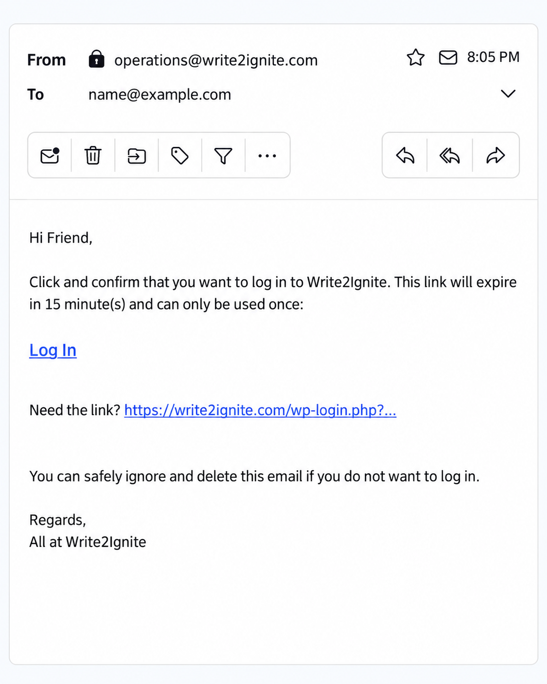 Example email from Write2Ignite showing the Log In link.